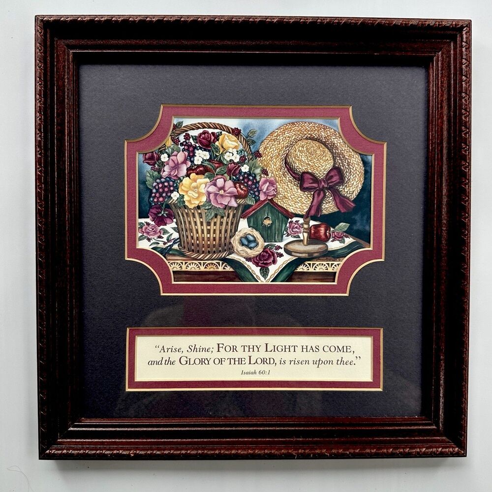 Vintage Christian Wall Art Isaiah 60:1 Laurie Korsgaden Wood Frame Glass 1999